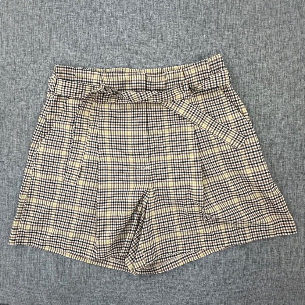 New! Worthington Plaid Shorts Sz 6 Belt Tye Pockets Yellow Brown Tan